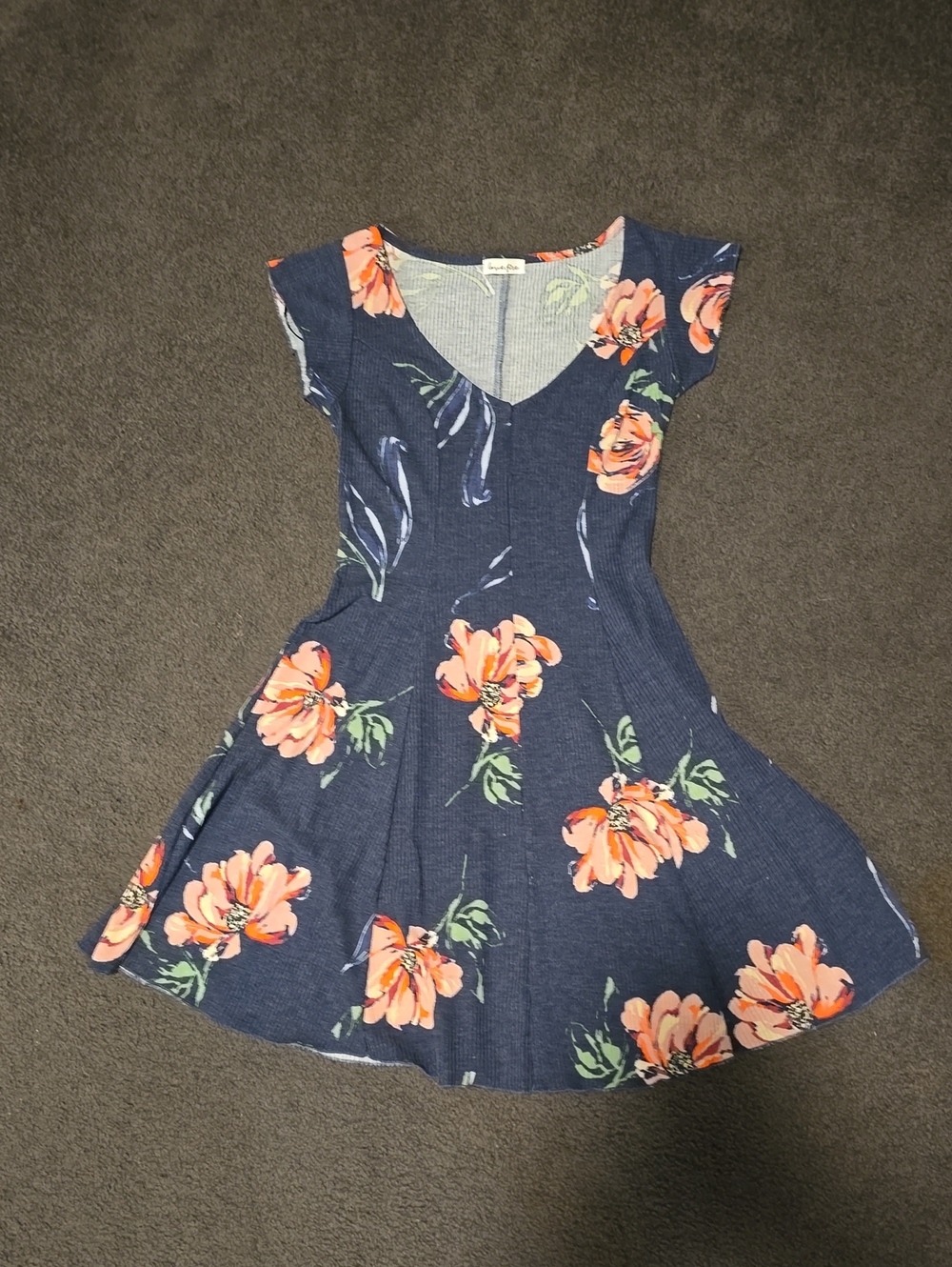 love, Fire Navy Dress with Coral and Green Floral Trim